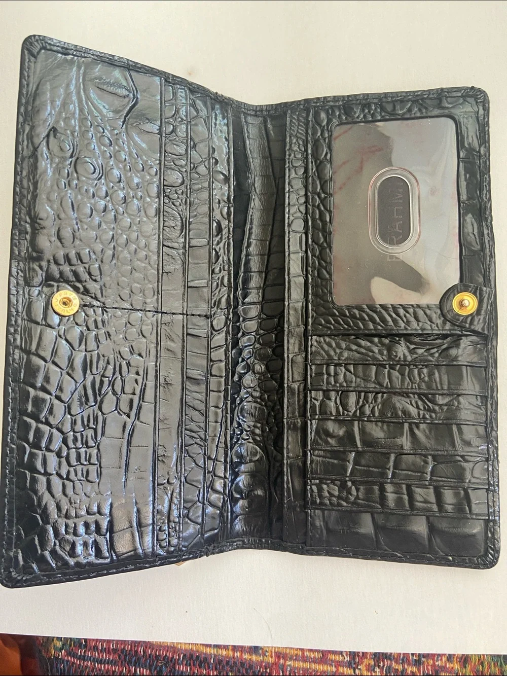 BRAHMIN Ady Wallet Melbourne Black Croc Leather Slim Bifold Wallet ID Window